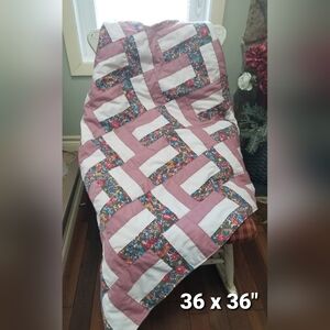 Baby quilt Girl Patchwork Blanket Cotton Green Pink Ivory Handmade Shower Gift